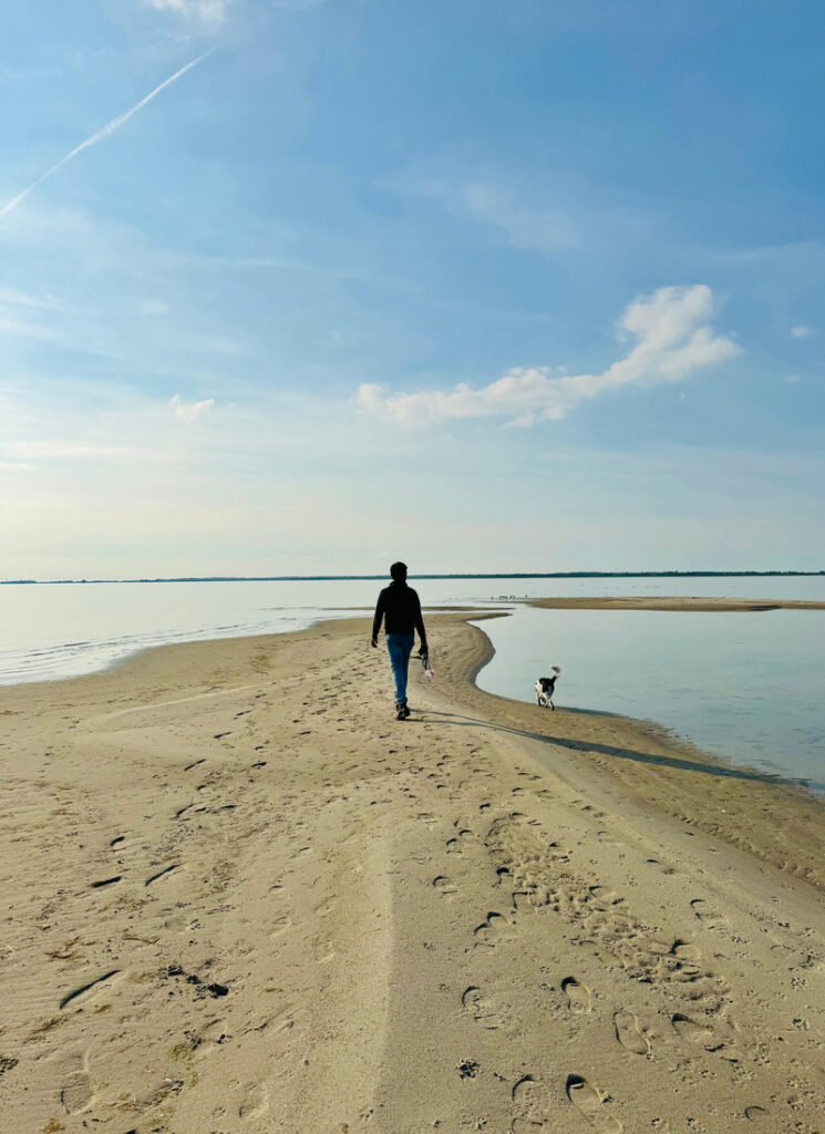Wandelaar op het strand langs het IJsselmeer